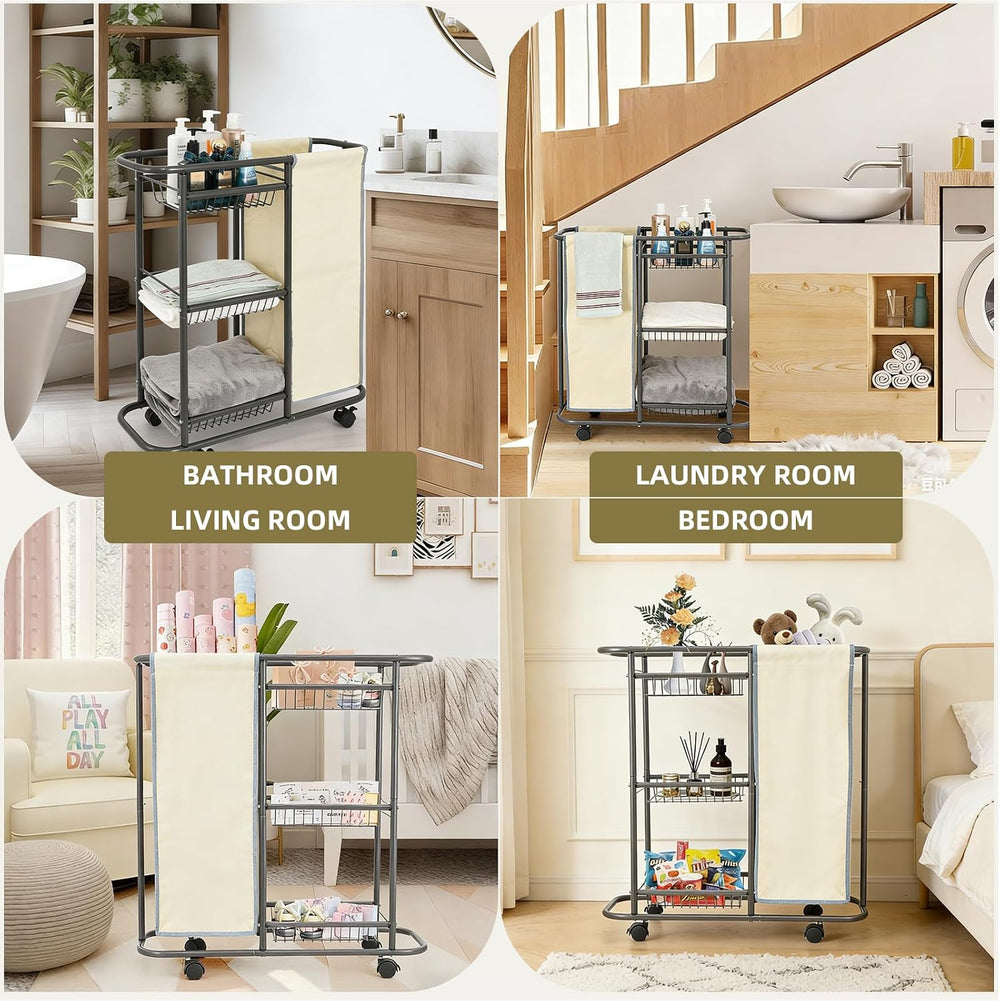 Narrow Laundry Sorter Cart with Wheels, 3 Tier Laundry Storage Cart, Beige
