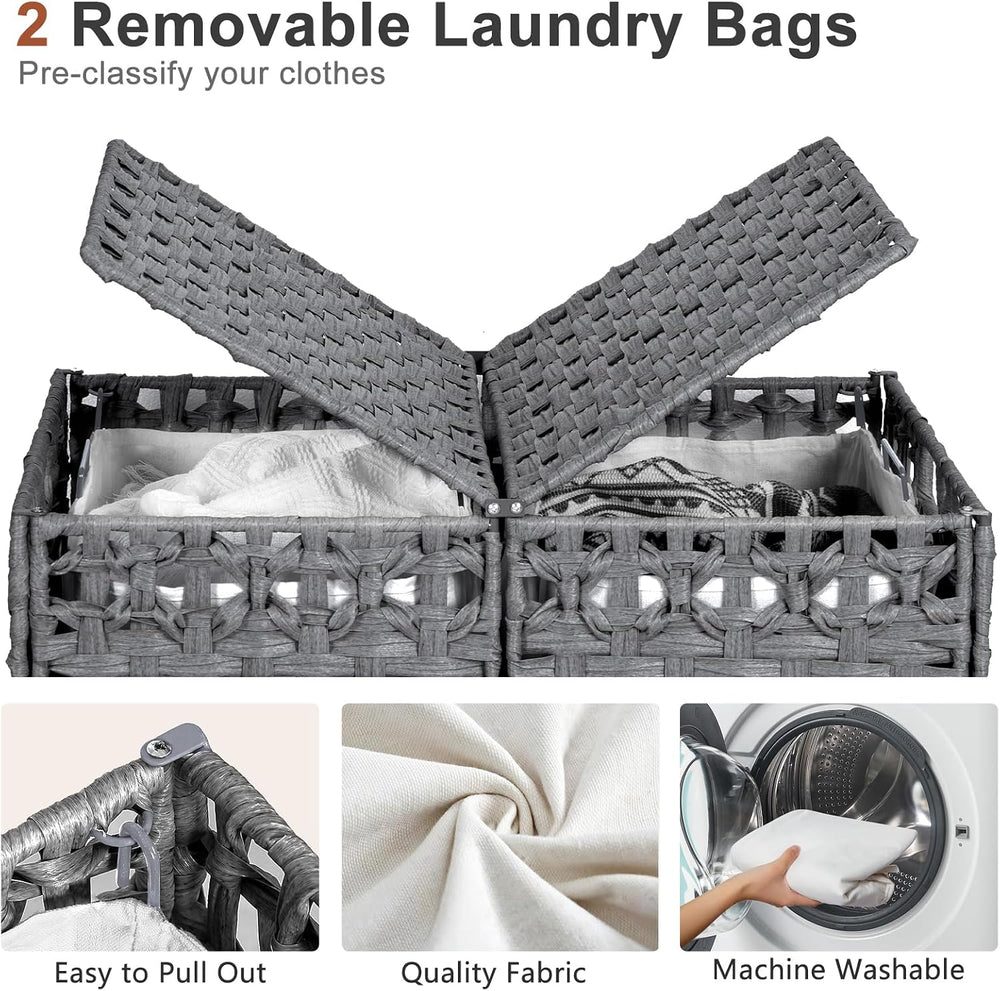 170L Foldable Laundry Hamper with Lid - Handwoven Rattan Storage Basket, 2-Se...