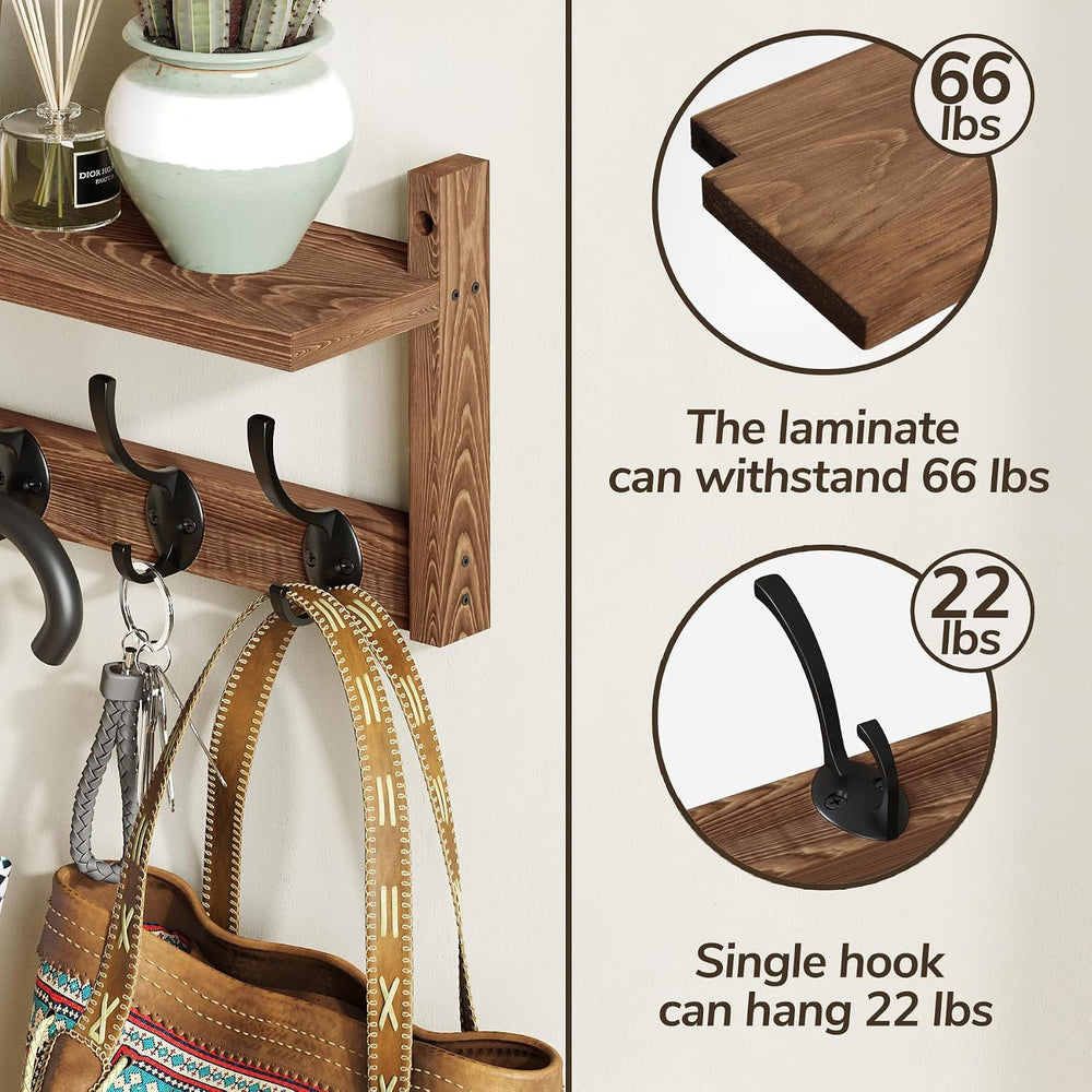 AMBIRD 34.2 inch Wooden Extra-Long Wall Hook Rack with Shelf - Versatile and ...