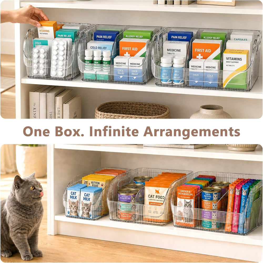 3 Pack Adjustable Dividers Storage Bins, Clear Pantry Organizers Boxes Set