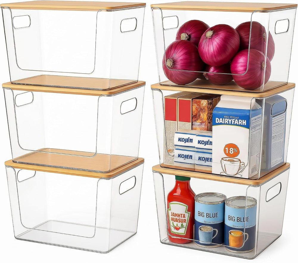 6 Pack Clear Stackable Storage Bins with Bamboo Lids, Trash Bag Holder Dispen...