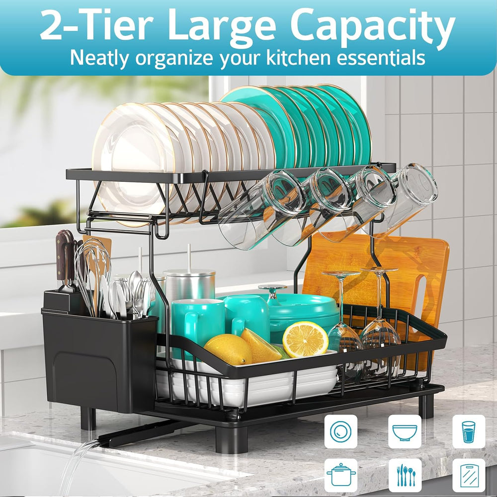 2 Tier Dish Drying Rack for Kitchen Counter, Large Capacity, Black