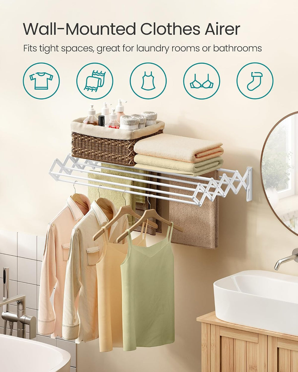 SONGMICS Clothes Drying Rack, Wall-Mounted, 9 Staggered Hanging Rods