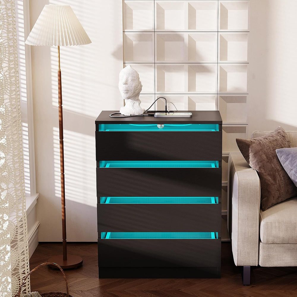 Tall Black Dresser with Power Outlets & LED Lights, 5 Drawer Tall Dresser...