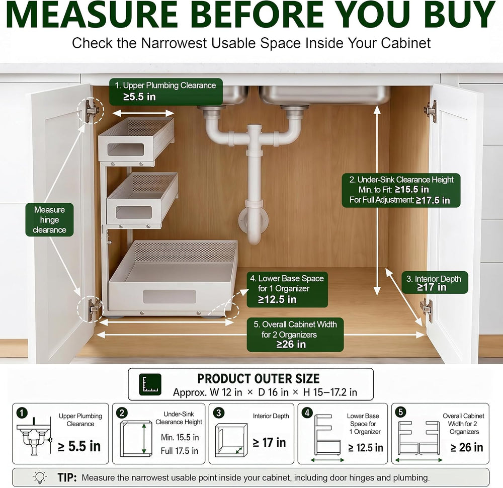 3 Tier Under Sink Organizer for Bathroom, Pull Out Drawers, 2 Pack