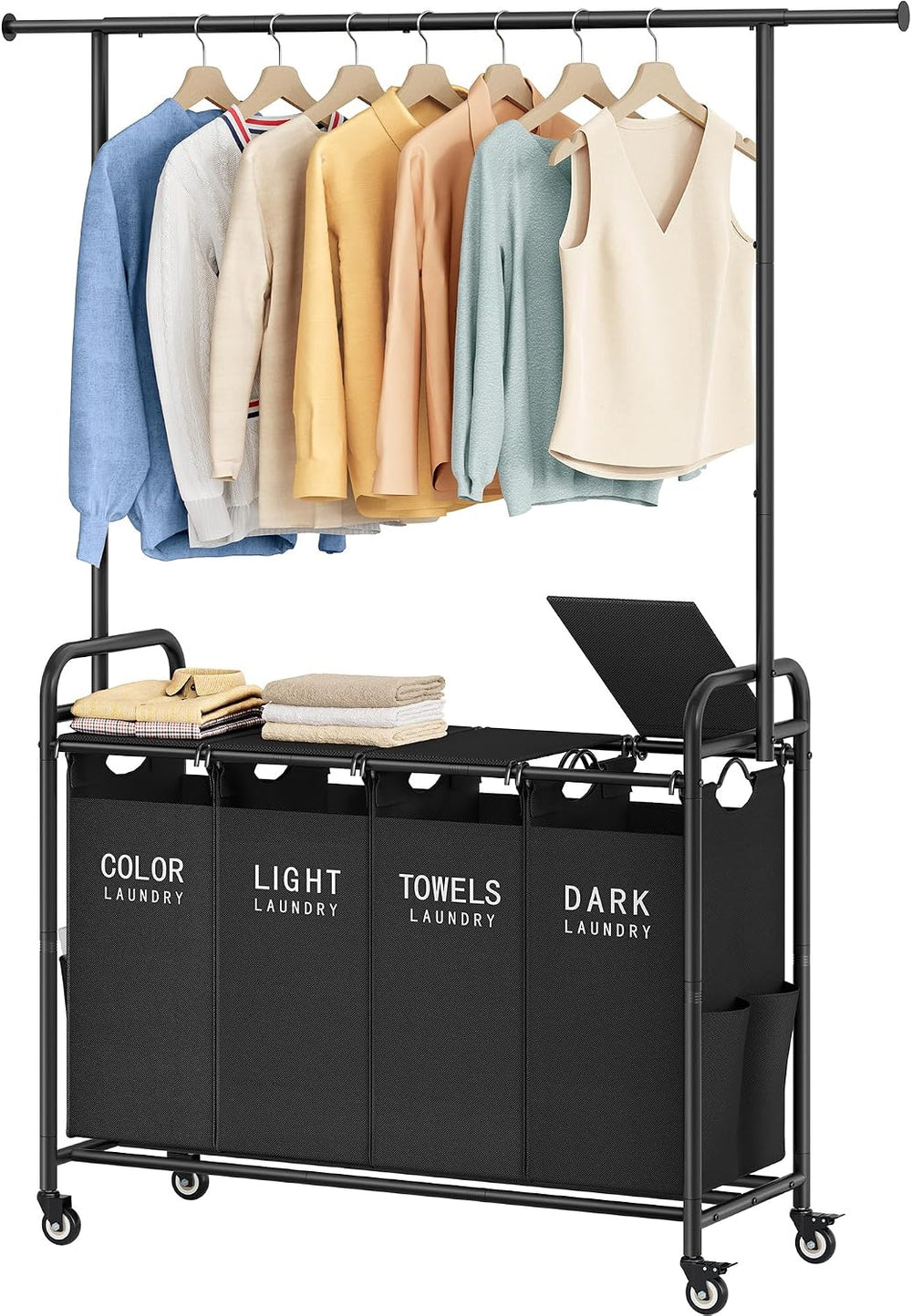 Tajsoon Laundry Sorter with Hanging Bar, Laundry Hamper with Lid, Black