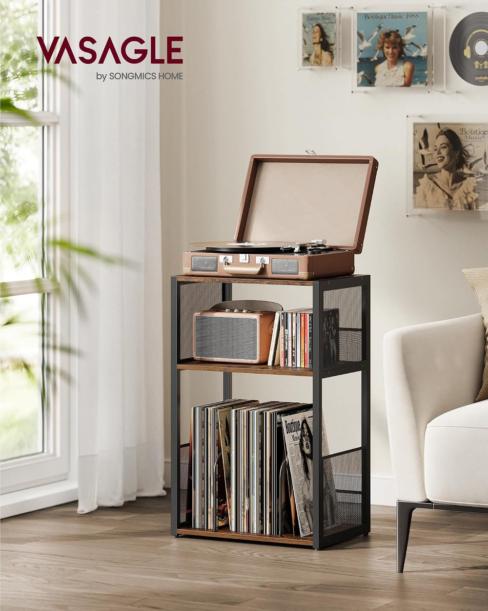 VASAGLE 3-Tier Record Player Stand, Vinyl Record Storage up to 100 Albums