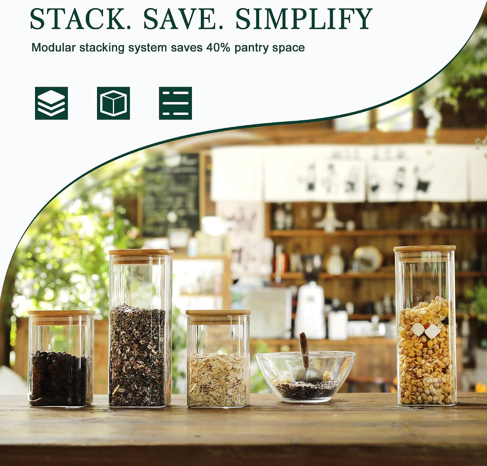 LIBWYS 12-Pack Square Glass Storage Jars with Bamboo Lids (0.6Qt/1.06Qt) - St...