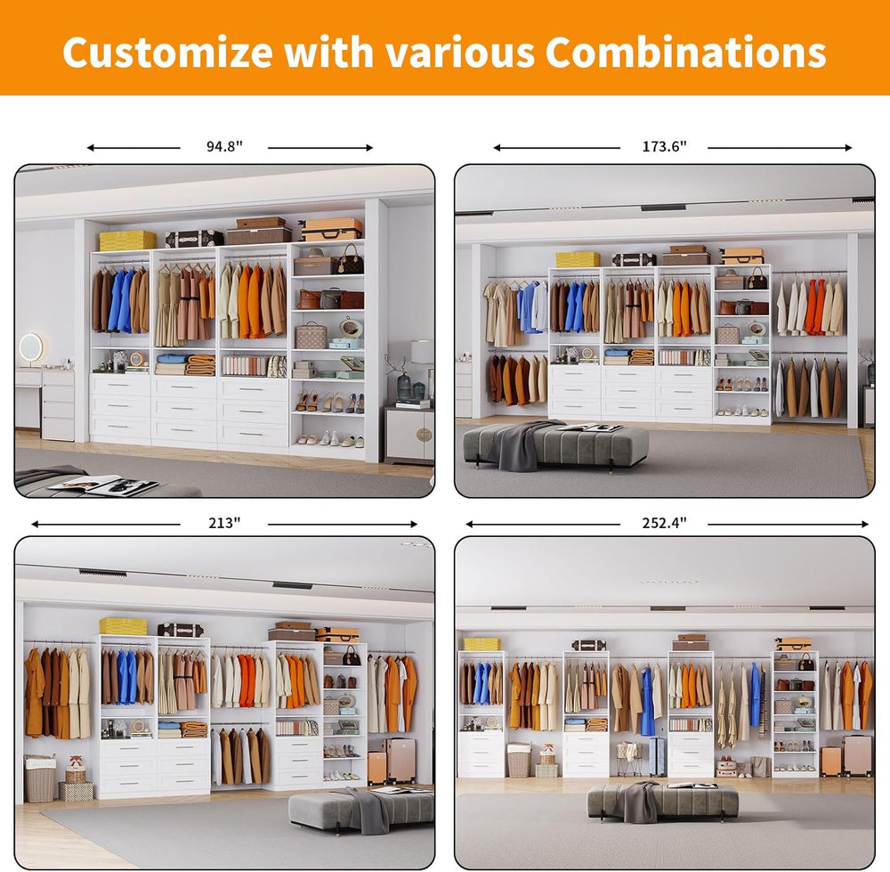 Closet System with 4 Sets, 8FT-21FT Closet Organizer Systems with 9 Wooden Dr...