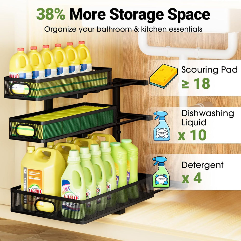 Under Sink Organizer 3 Tier, 2 Pack L-Shaped Pull-Out Cabinet Organizer with ...
