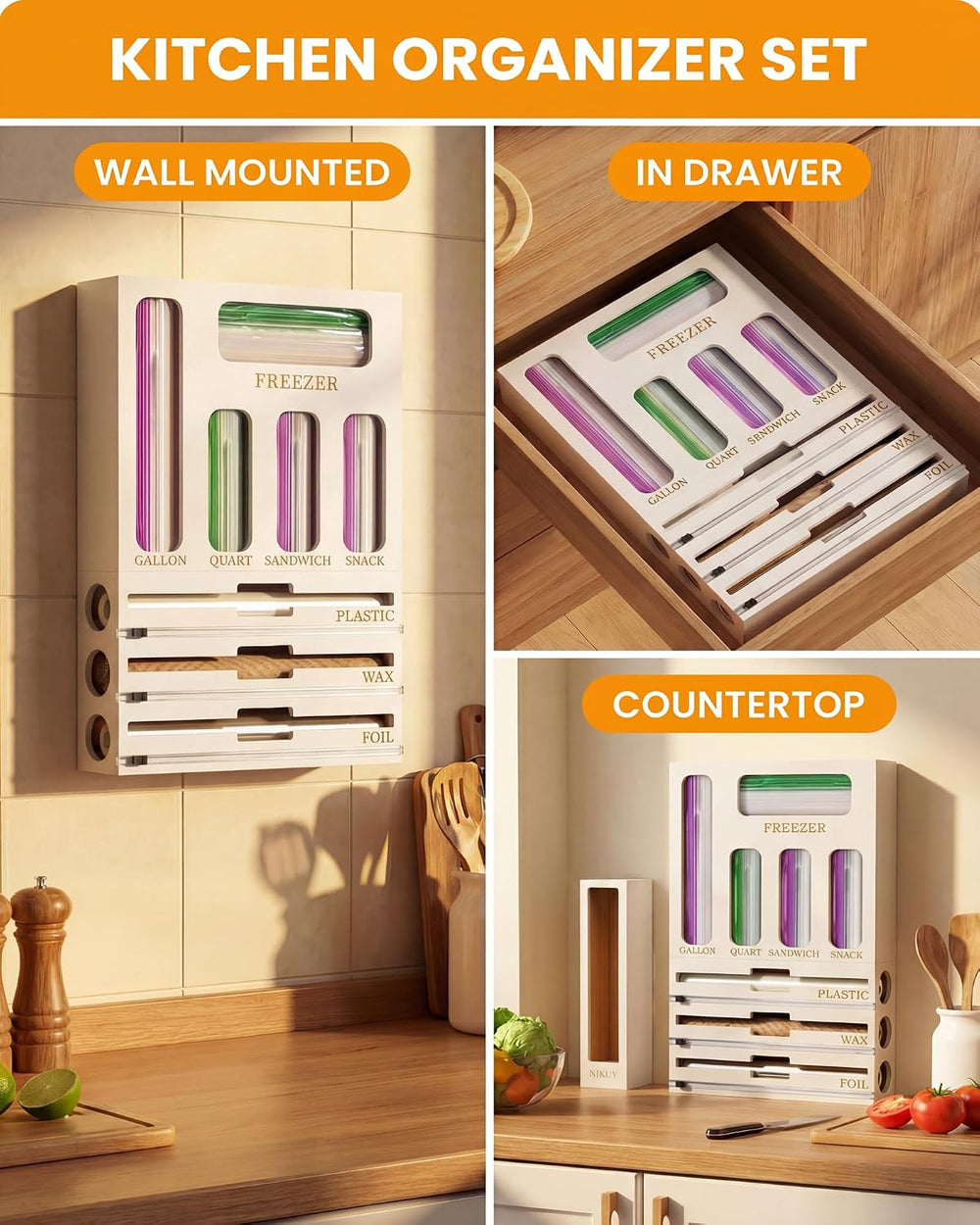 Bamboo Foil and Plastic Wrap Organizer for Kitchen Drawer, 9 in 1 Plastic Bag...