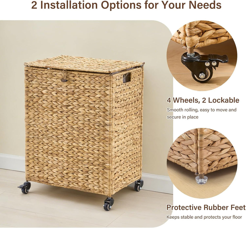 Hand-Woven Natural Water Hyacinth Laundry Basket with Wheels