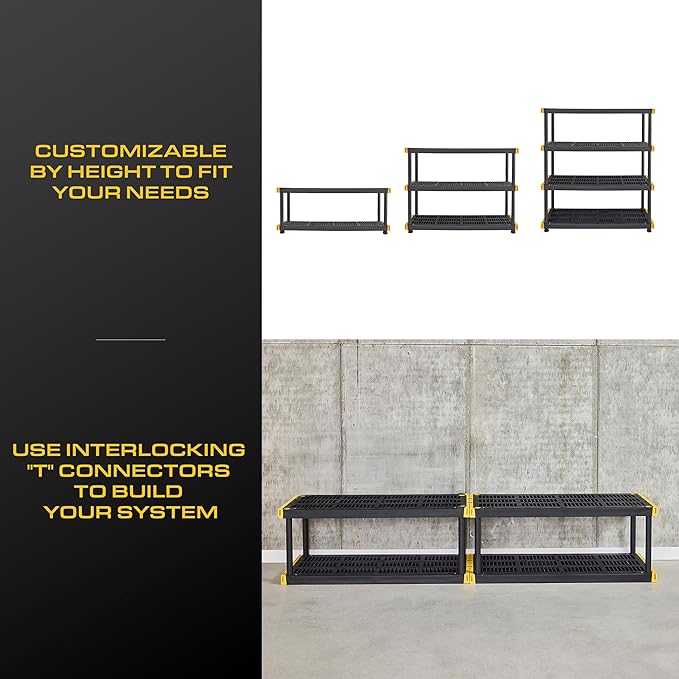 BLACK & YELLOW, 4-Tier Heavy Duty Plastic Storage Shelving Unit, 200lbs/s...