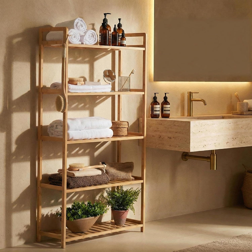 Bamboo Bathroom Shelf Organizer, 5 Tier Wooden Bathroom Rack with Adjustable ...