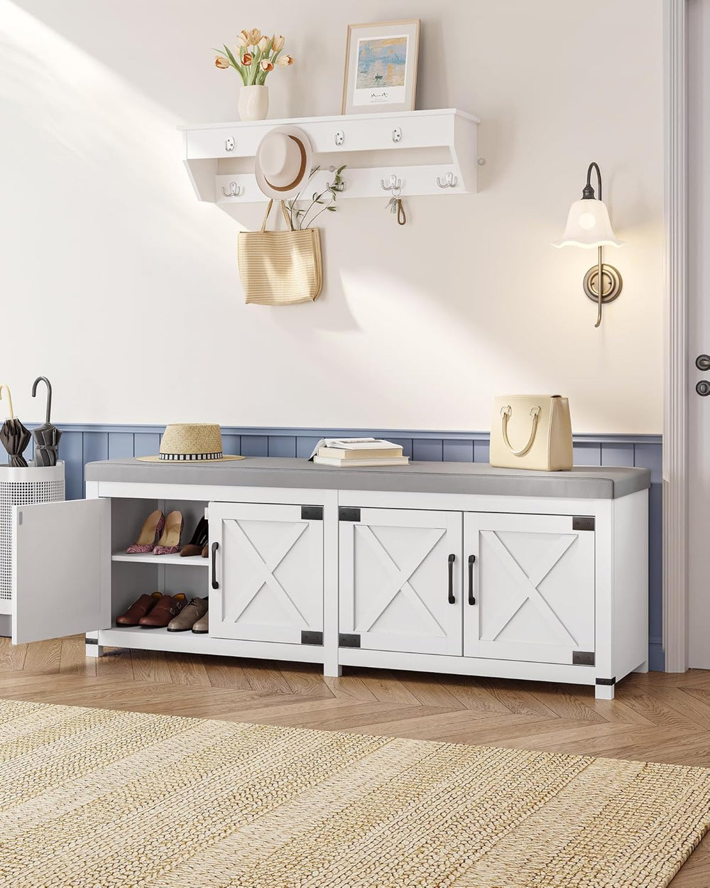 Hzuaneri 59" Shoe Storage Bench, with Soft Padded Seat Cushion & Doors