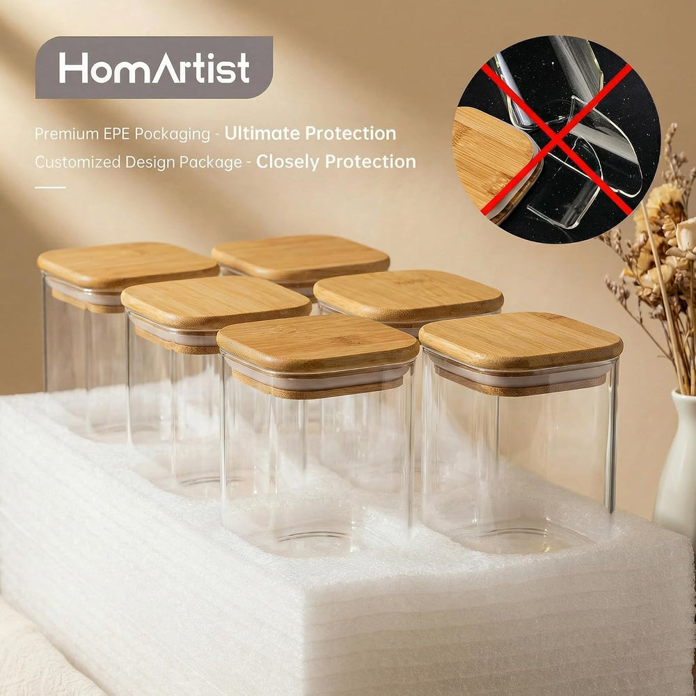 HomArtist Square Glass Jars with Bamboo Lids [Muti Size Set of 5], Glass Cani...