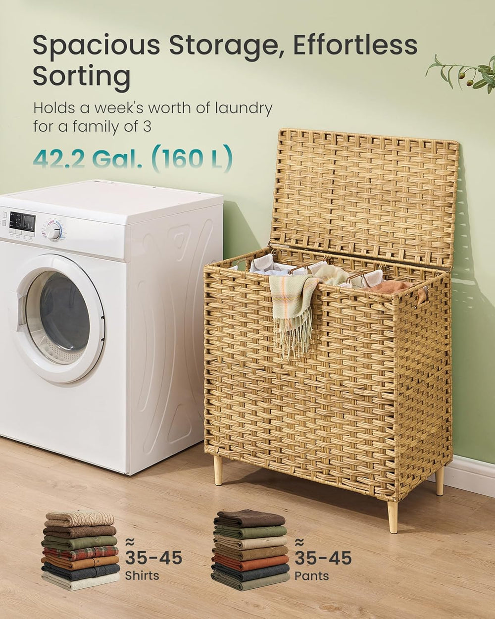 SONGMICS 3-Section Laundry Hamper with Lid, PE Rattan, 42 Gallons (160 L)