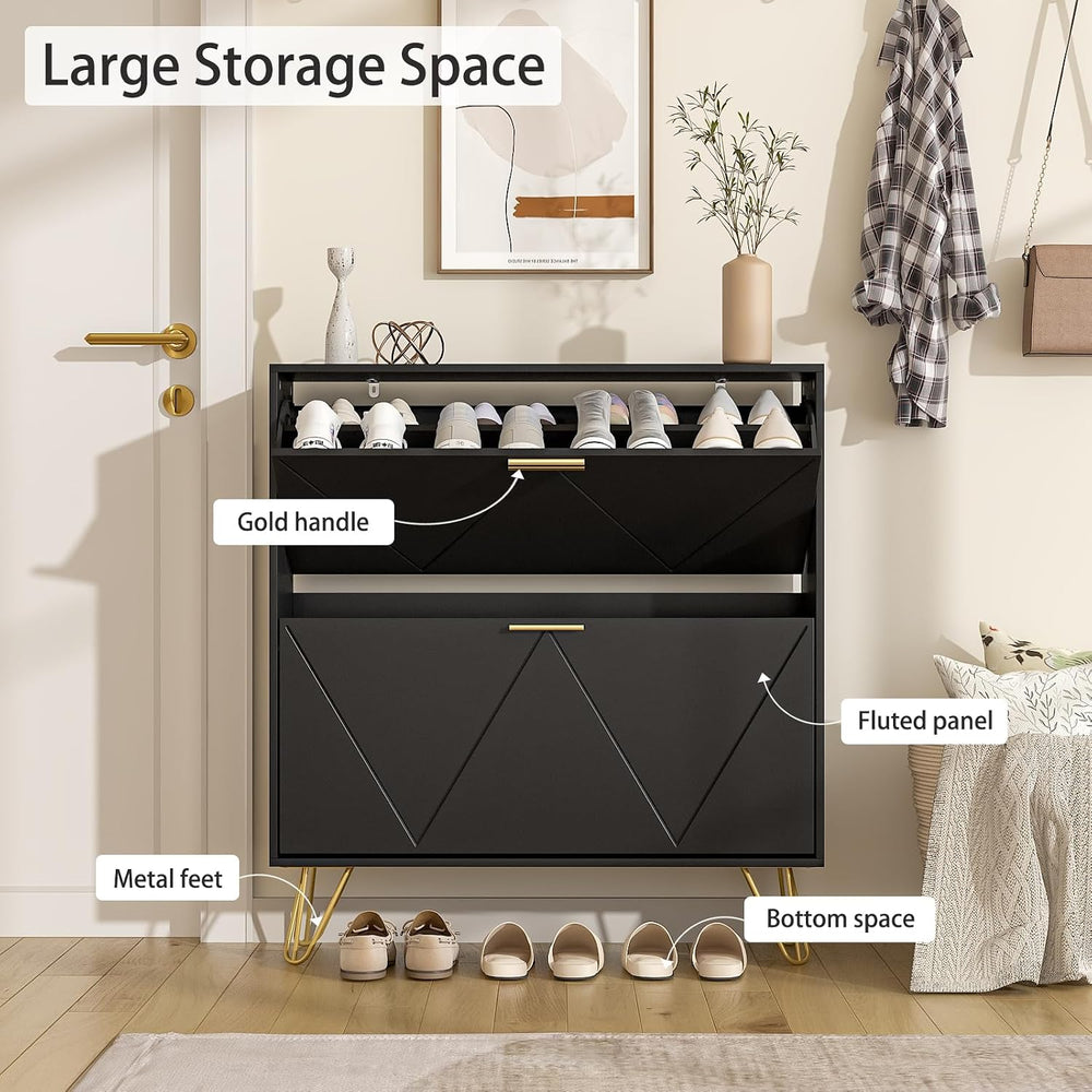 LYNSOM Entryway Shoe Cabinet with 2 Flip Drawers and Fluted Panel, Blcak丨Slim...