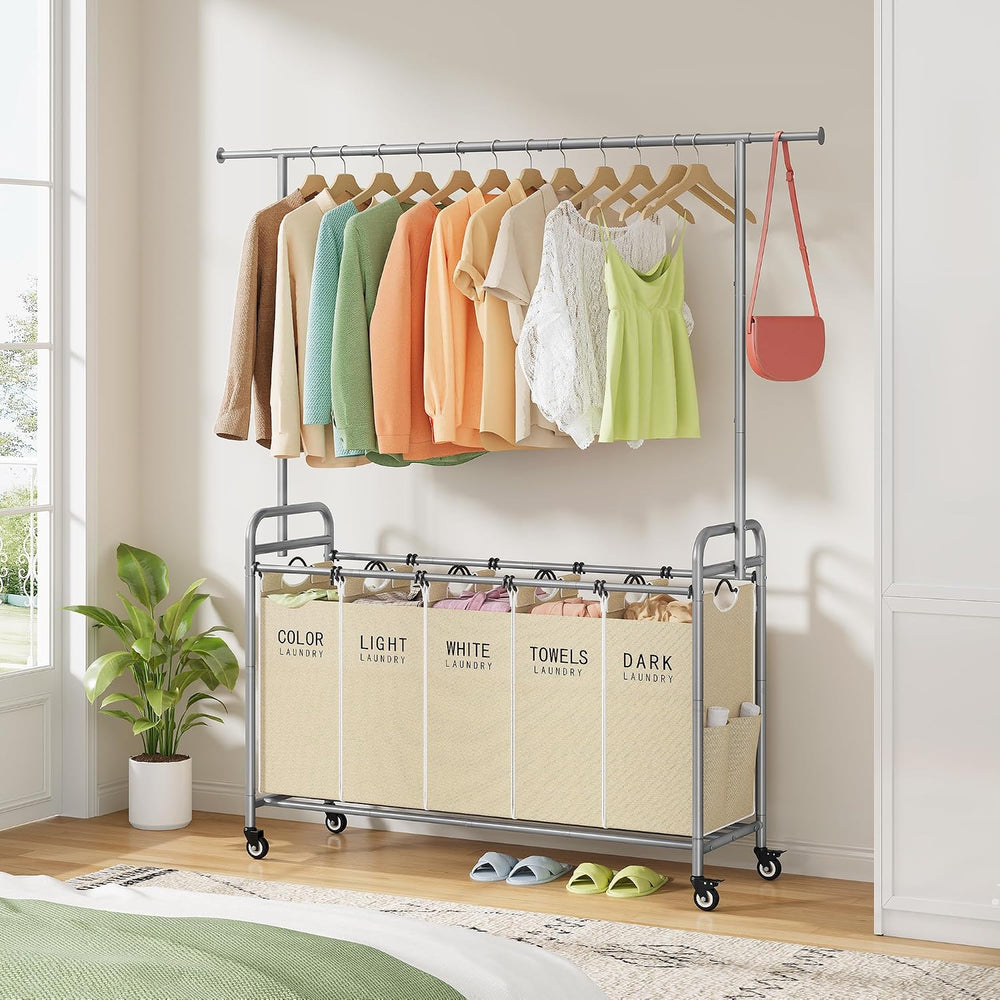 Tajsoon Laundry Cart with Hanging Rack, 65 Gal. Large Laundry Hamper, Beige