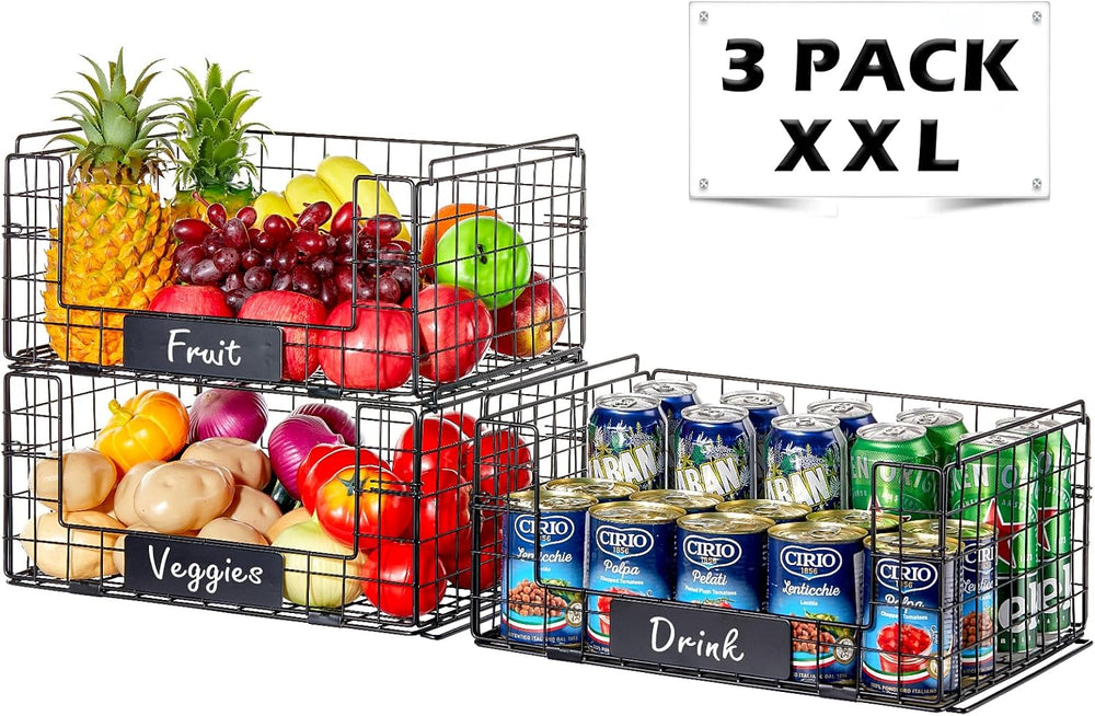 3 Pack XXL Stackable Wire Baskets with Handles & Name Plates