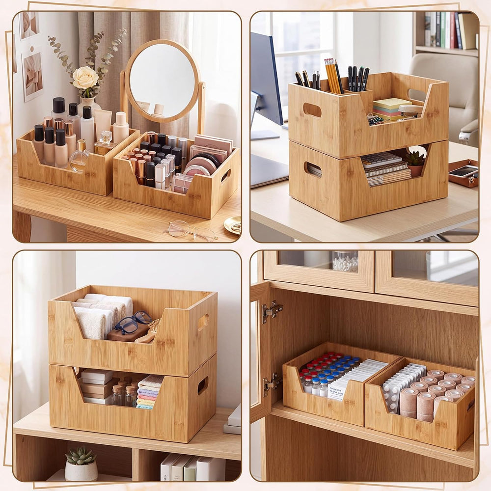 2 Pcs Stackable Bamboo Pantry Storage Bins for Kitchen Storage
