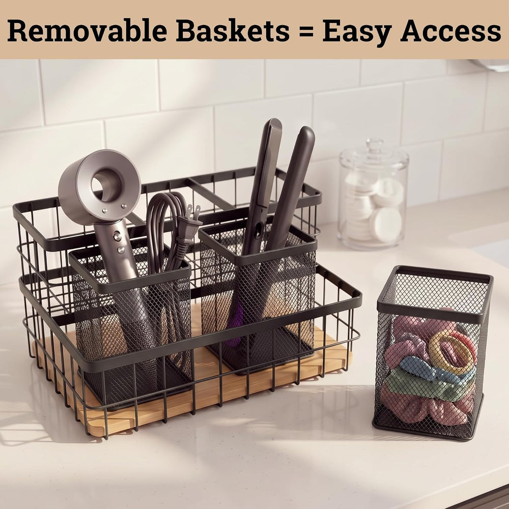 Hair Tool Organizer Countertop, Breathable Metal & Bamboo, Heat-Resistant