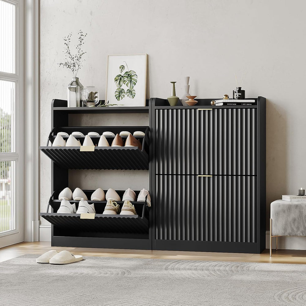 Black Fluted Shoe Cabinet, Narrow Entryway Storage Rack Organizer