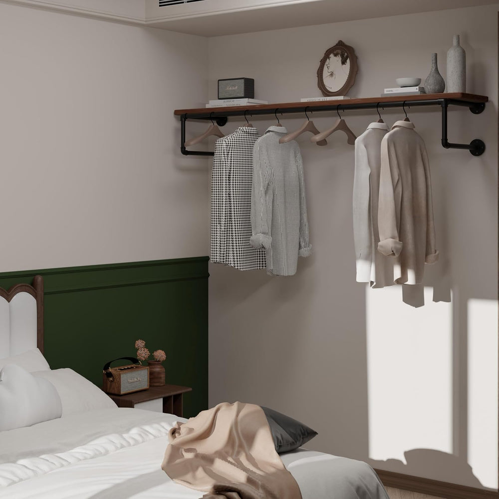 Clothes Rack 60in, Wall Mounted Garment Racks with Real Wood Shelf, Heavy Dut...