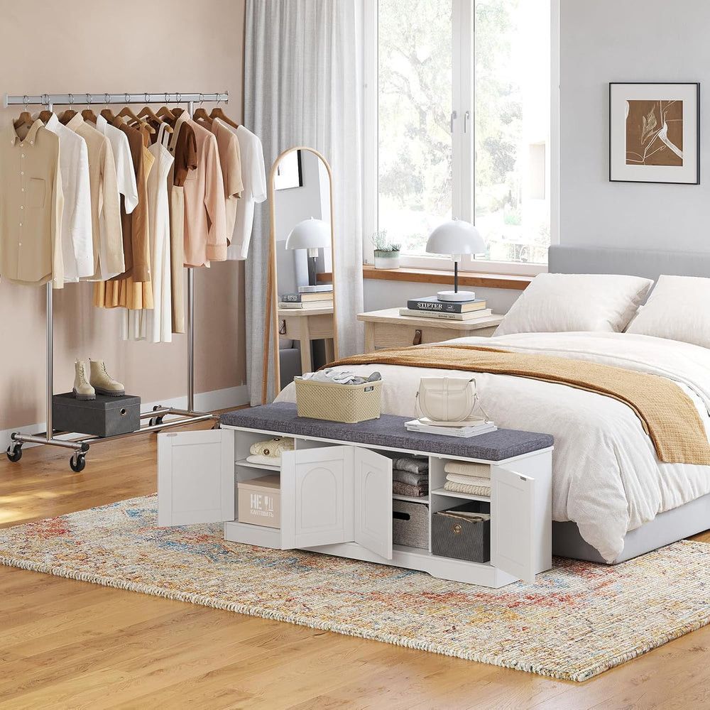 DINZI LVJ Shoe Storage Bench with Cushion, Door, White 47.2" LX17.7 H
