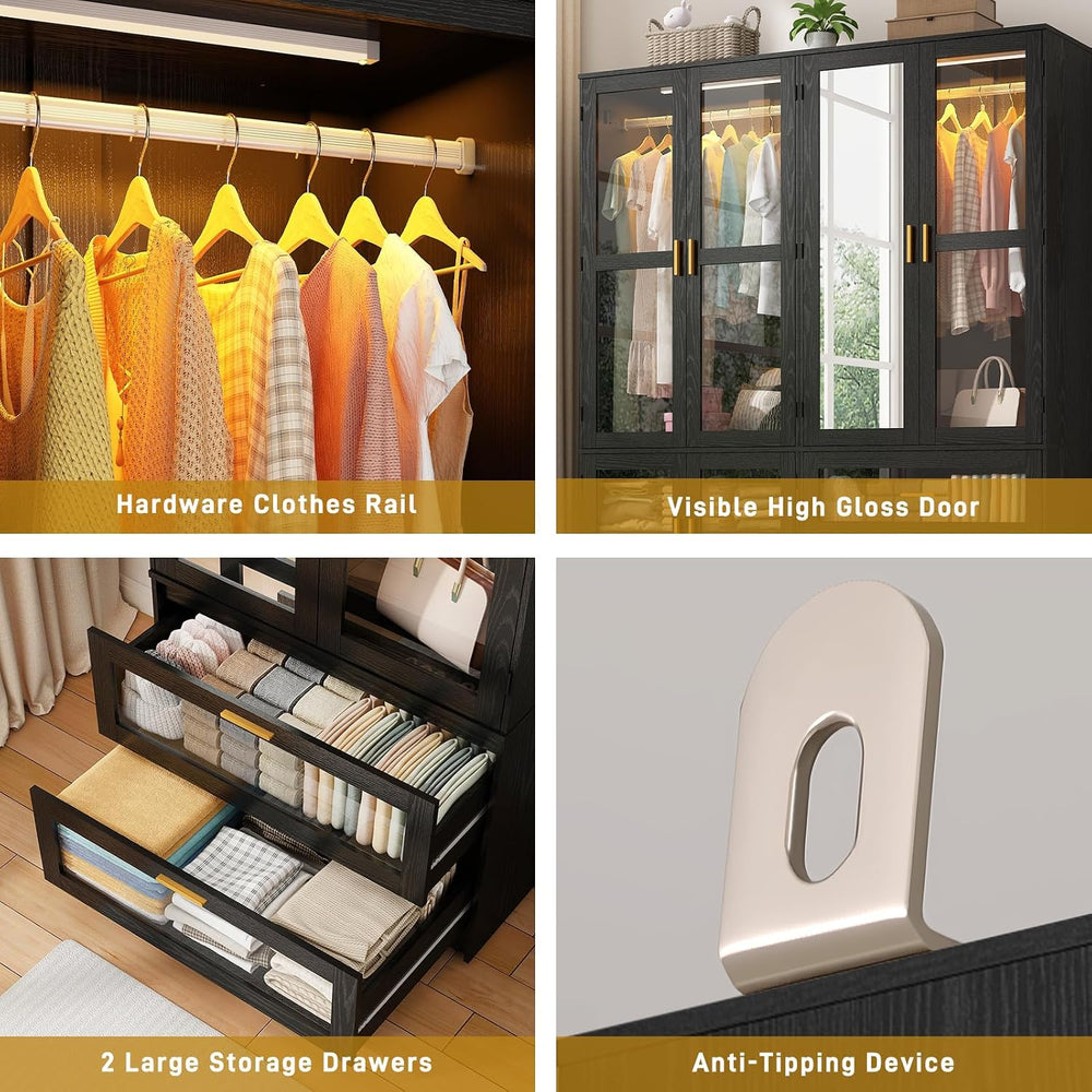 6 Doors Armoire Wardrobe Closet with LED and Mirror,71" H Freestanding W...