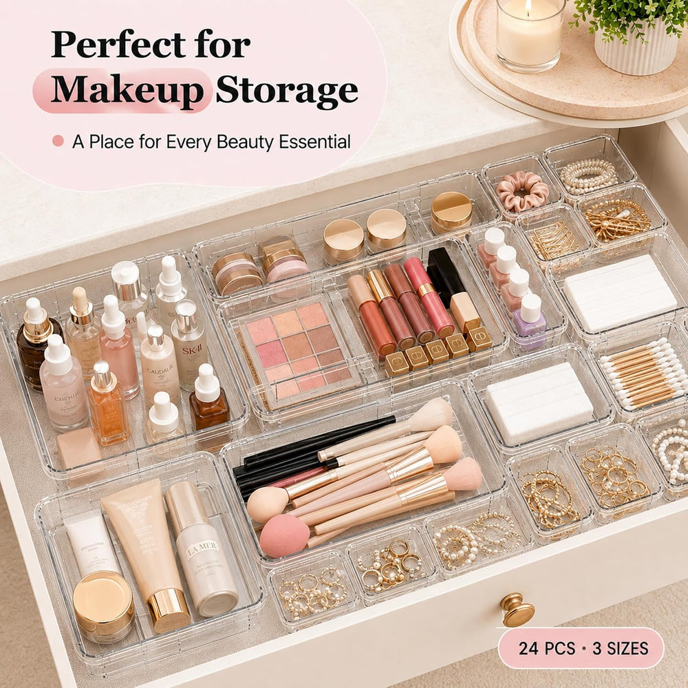 24 Pcs Clear Adjustable Drawer Organizer, 3-Size Expandable Desk Drawer Organ...