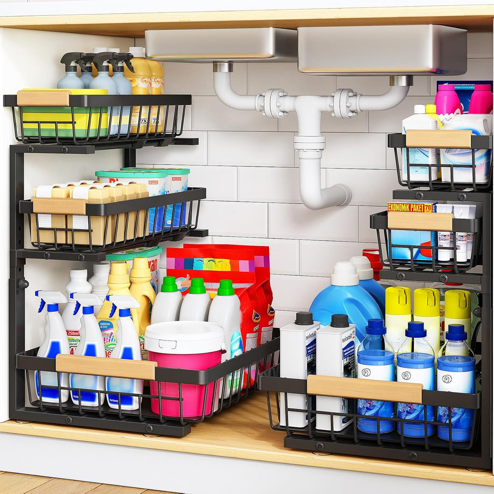 PXRACK Under Sink Organizer, 3-Tier 2-Pack Adjustable Height Pull Out Under C...