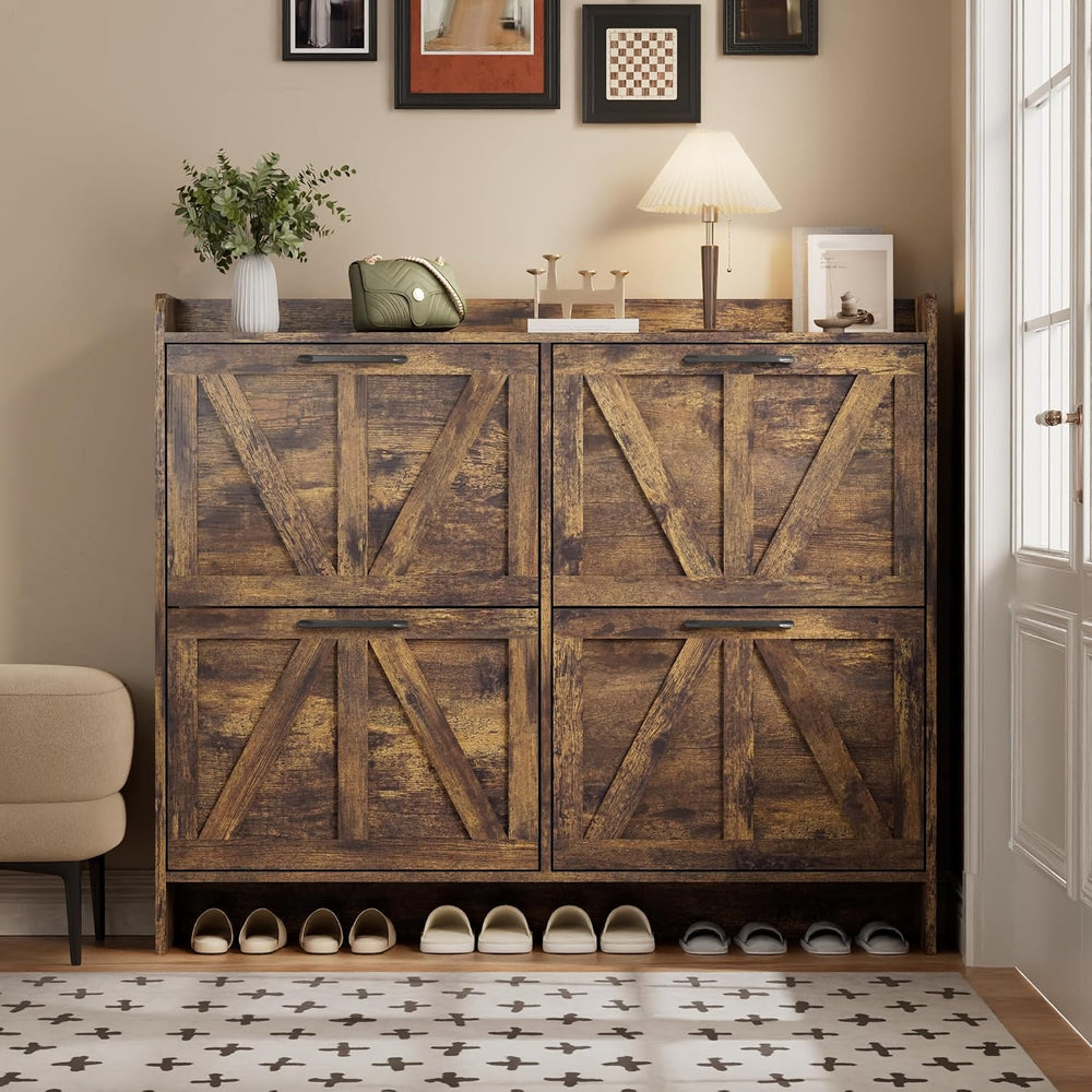 Shoe Storage Cabinet with 4 Flip Drawers, Freestanding Hidden Shoe Cabinet wi...