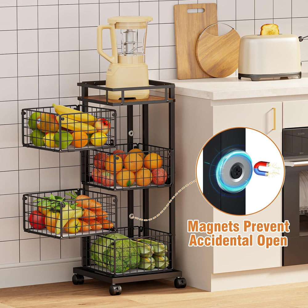 4-Tier Kitchen Storage Cart, Rotating Fruit Vegetable Storage Cart, Rolling K...