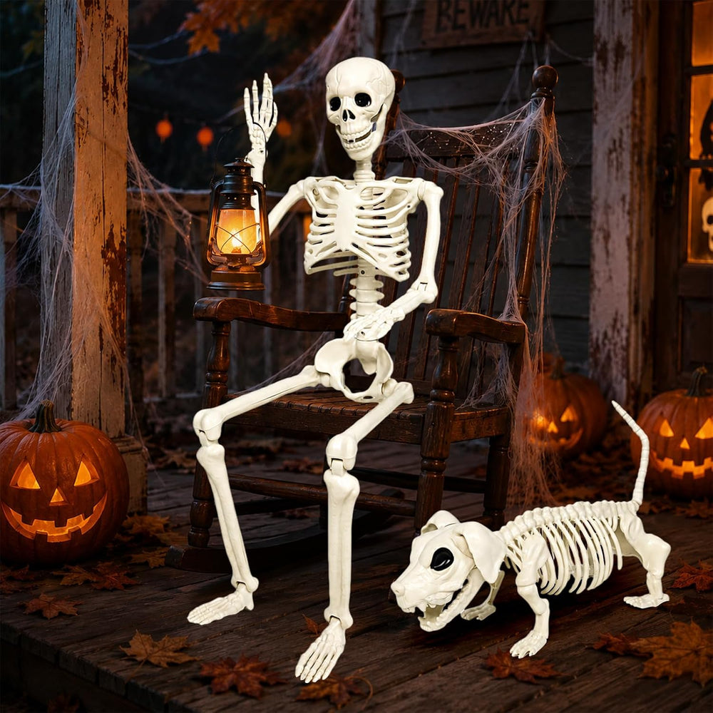 36'' Life-Size Posable Halloween Skeleton Decorations with Dog Skeleton