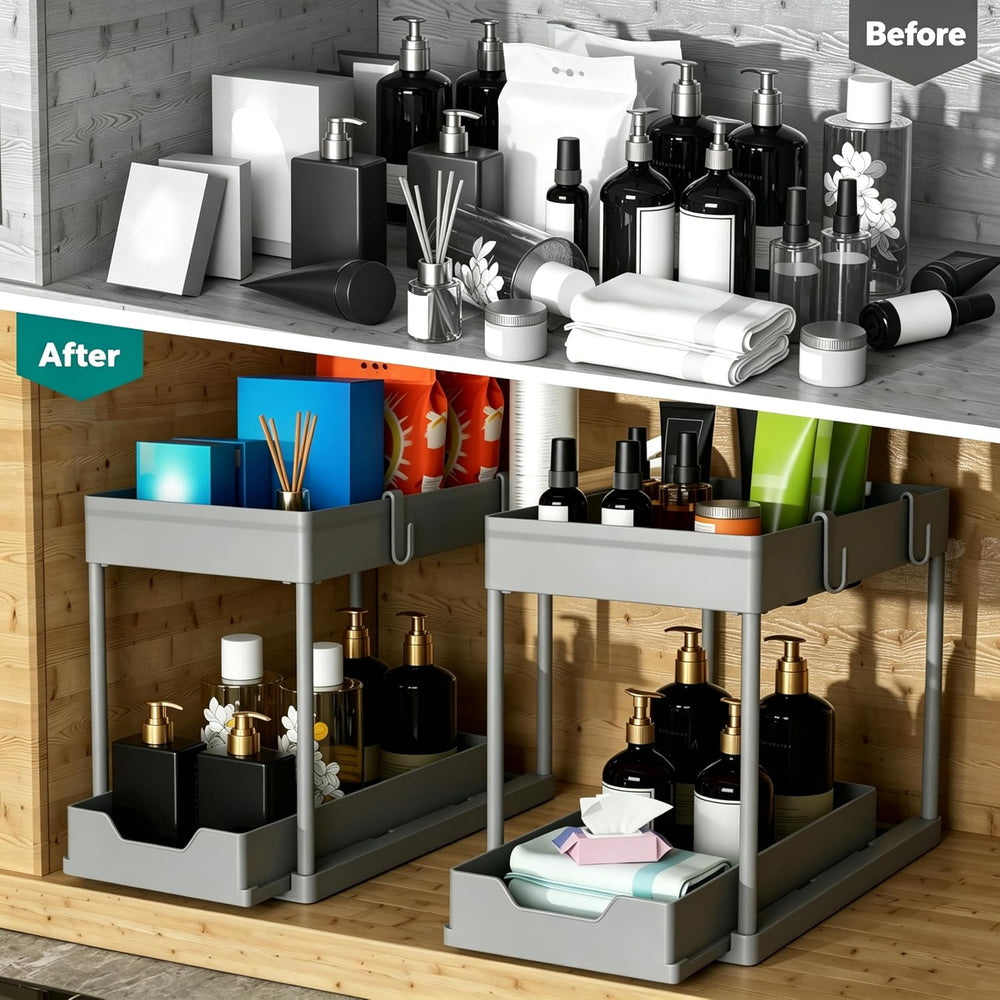DEKAVA 2 Pack Under Sink Organizer, 2-Tier Sliding Cabinet Basket, Grey