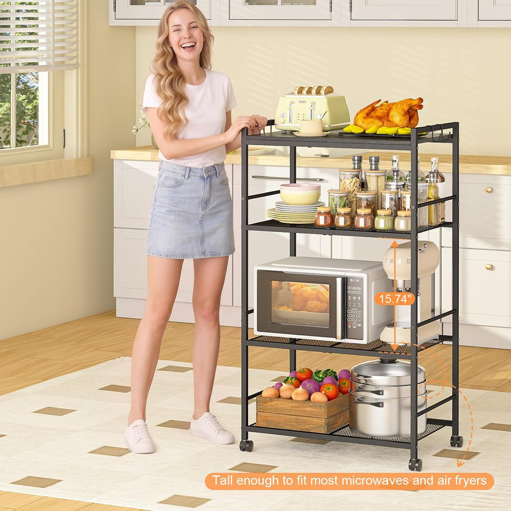 4-Tier Rolling Microwave Cart, Kitchen Storage Cart with Wooden Tabletop