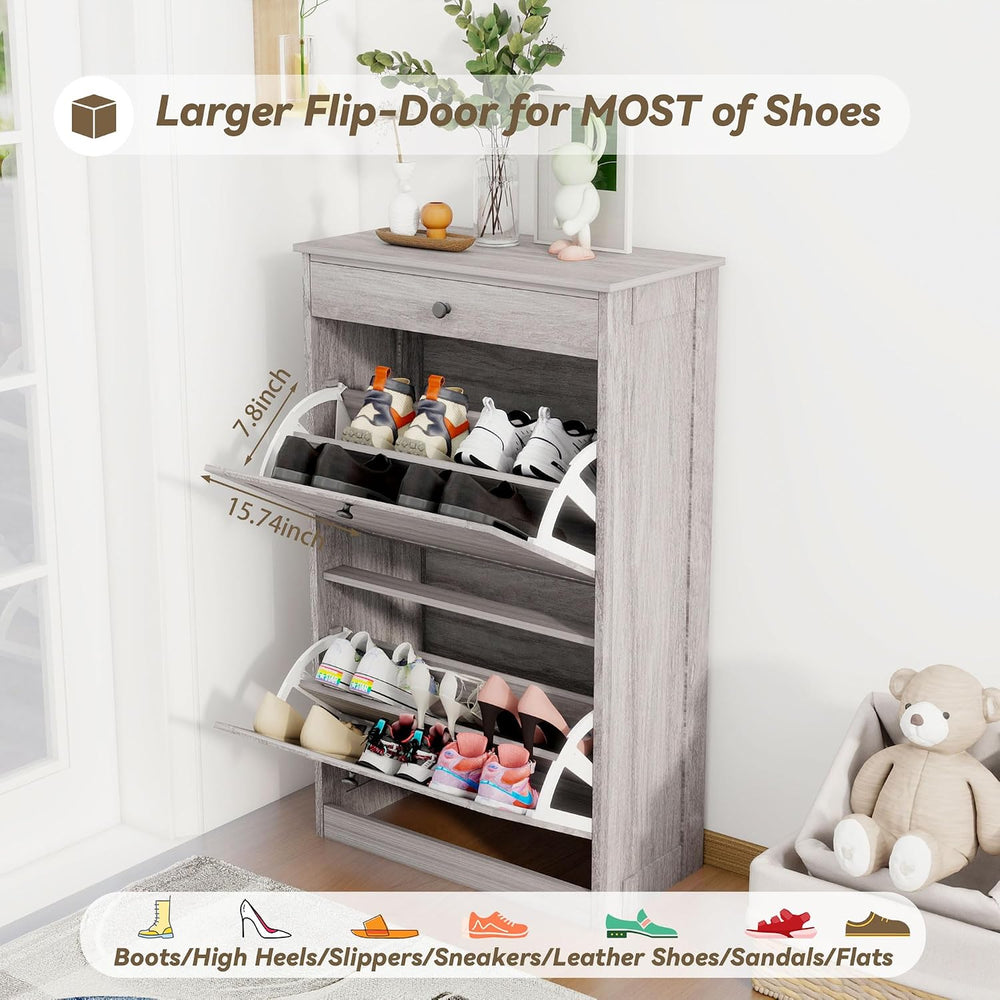 FTZxHKLX Shoe Rack Cabinet 2 Flip Drawers, Entryway Shoe Storage, Wash Grey