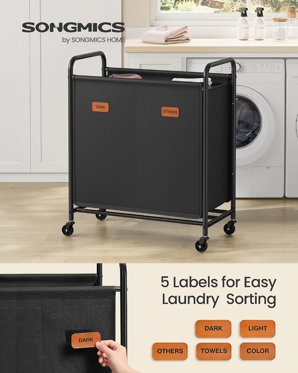 SONGMICS 2-Section Laundry Sorter, with Wheels, Removable Bags