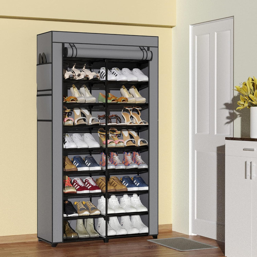 9-Tier Tall Black Shoe Rack, 36-40 Pairs with Gray Cover