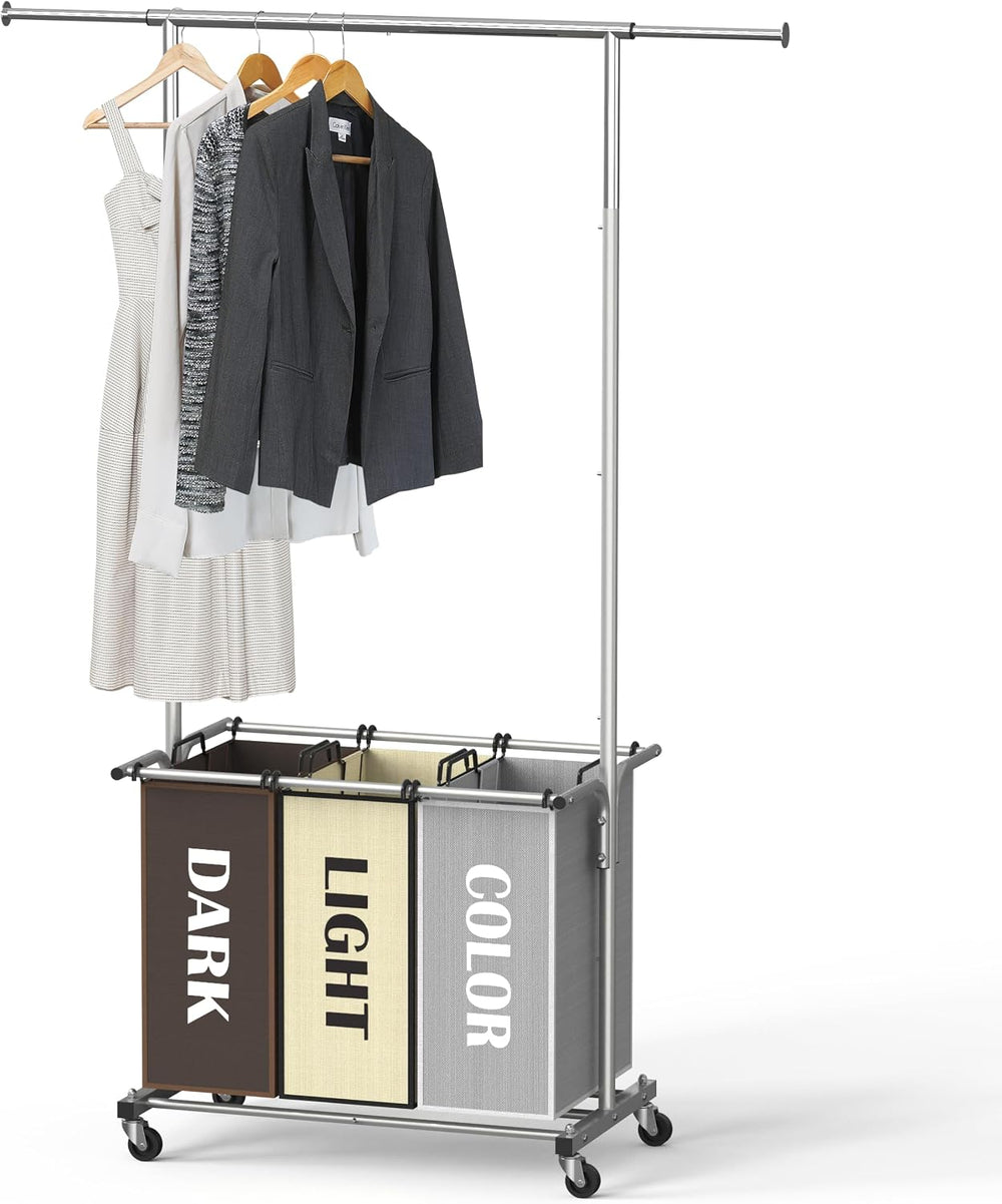 Simple Houseware 3 Bags Laundry Sorter Cart with Hanging Rod, Multi Color