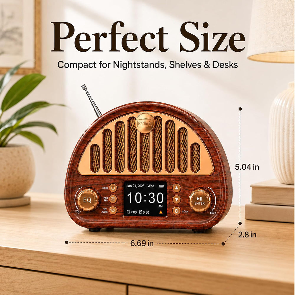 Retro Alarm Clock Radio with Bluetooth, Dual Alarms and NOAA Weather Alert