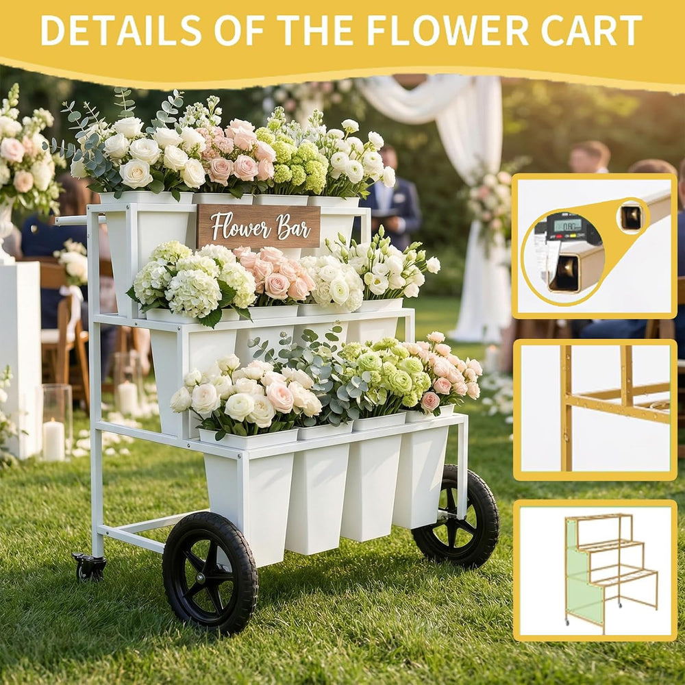 Black 3 Tier Metal Flower Cart Display Stand with Wheels, Mobile