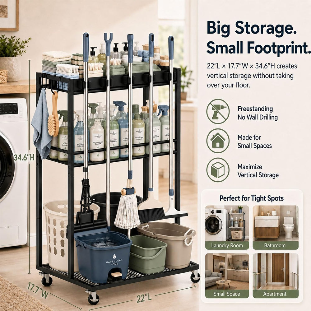 Rolling Cleaning Supply Cart, 3-Shelf Broom Mop Organizer, Locking Wheels