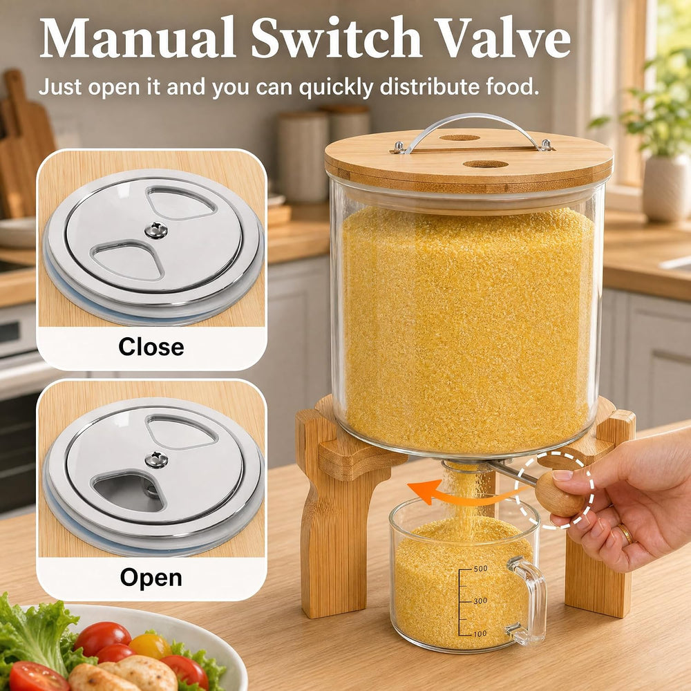 Goaste Glass Rice Dispenser with Bamboo Stand, 5L Flour Cereal Container with...