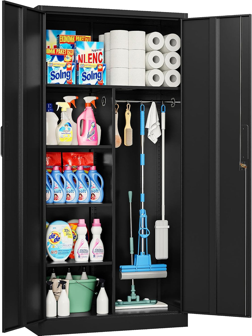 Wide & Deep Metal Storage Cabinet with Hanging Rod,Black Broom Closet Sto...