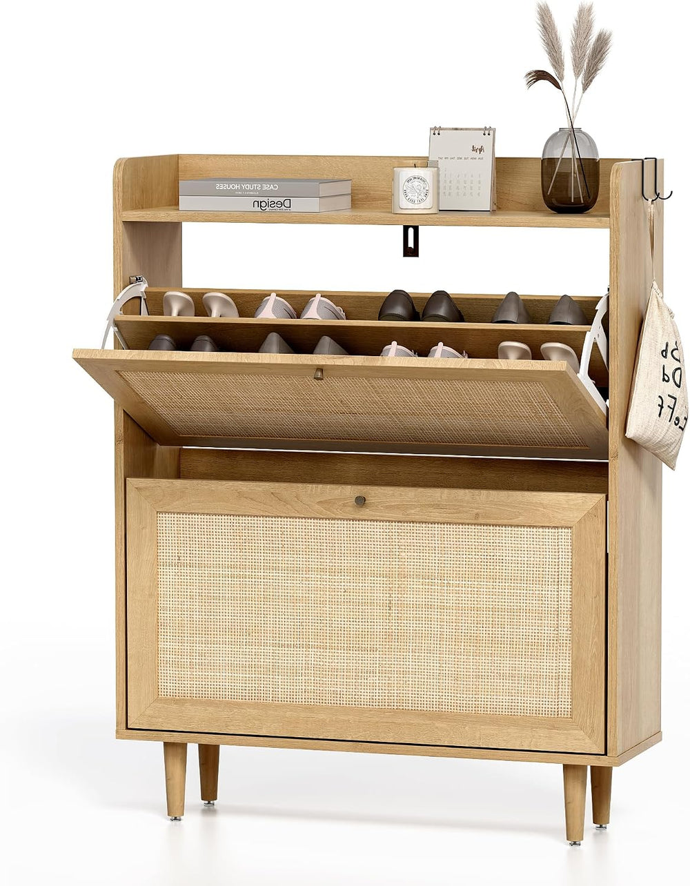 Rattan Storage Shoe Cabinet with 2 Flip Drawers Set of 2, Farmhouse Freestand...