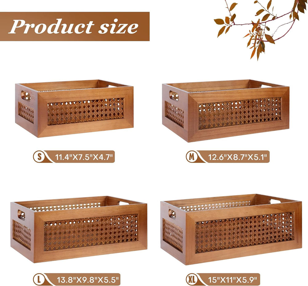 Rattan Wooden Box Set of 4 Handmade Decorative Storage Basket with Handles