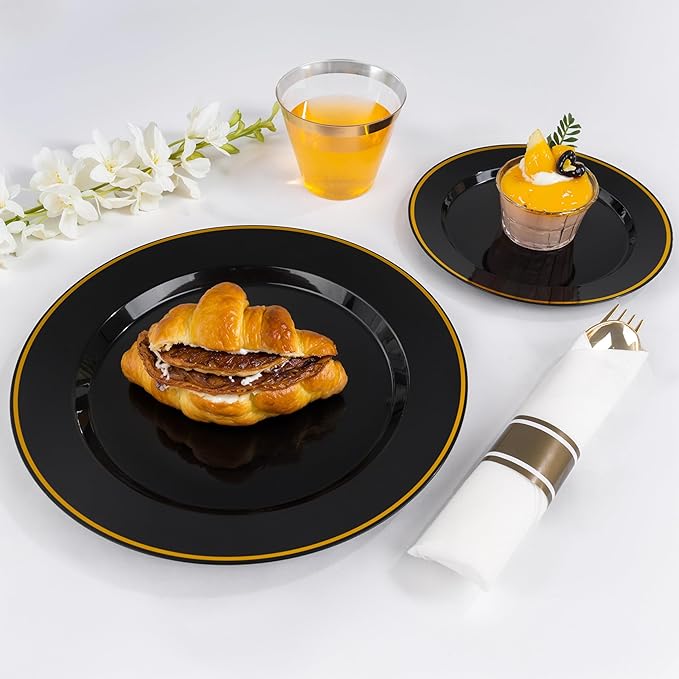 SUT 175 Pcs Black and Gold Plastic Dinnerware Set for 25 Guests, Include: 25 ...