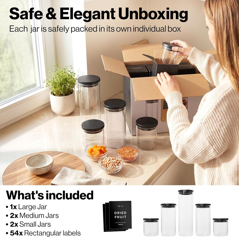 Glass Pantry Storage Jars Containers with Black Lids and Labels - Set of 5